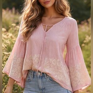 Blue Rain Embroidered Boho Blouse Medium Pink Bell Sleeve Cottagecore Top USA